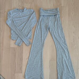 Light Gray Ribbed Boot Cut Lounge Set - Long Sleeve Top & Flared Pants